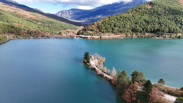 Aerial view of Lake Doxa and Agios Fanourios chapel in Corinthia, Peloponnese, Greece