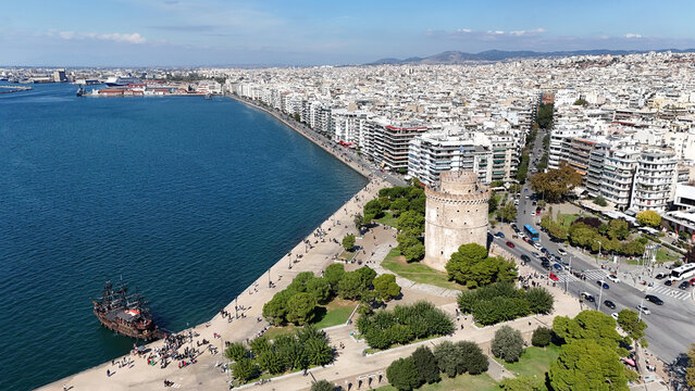 Aerial view of White Tower and waterfront promenade in Thessaloniki, Greece