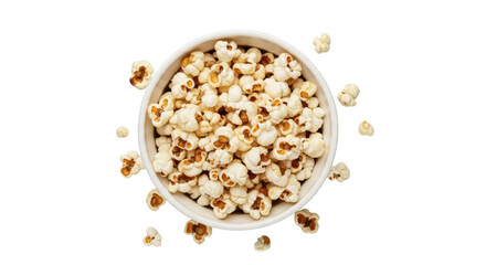 Top view of a white ceramic bowl filled with delicious popcorns. Isolated on transparent background, png