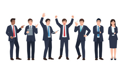 Diverse group of professional businessmen and businesswomen in suits showing different gestures like success and thinking.