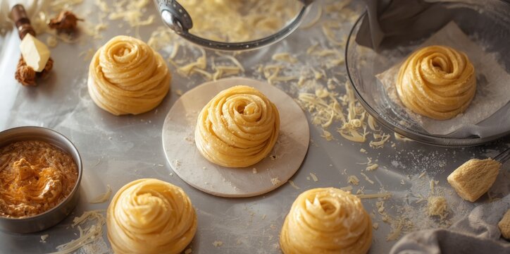 Making cruffins. Homemade modern pastries. Puff pastry swirls on a kitchen table. Bird's-eye view