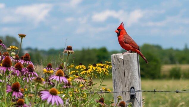 Male Northern Cardinal on a fence by a flower garden in Marion, Illinois, USA