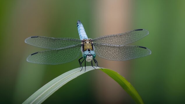 Male Widow Skimmer dragonfly, Libellula luctuosa, becoming pruinose while resting on a cattail leaf