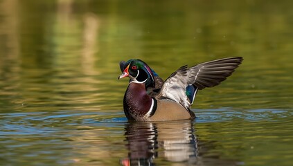 Male wood duck (Aix sponsa) flapping wings while swimming in a calm Canadian lake