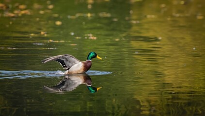 Mallard duck touching down on the water