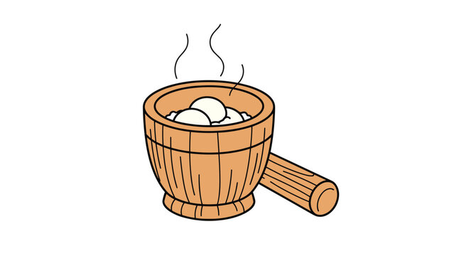 Traditional japanese steaming mochi rice cakes in a wooden mortar ready for pounding during a festive ceremony.