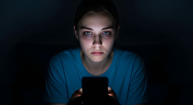 Young woman illuminated by her smartphone screen in the dark, with tired eyes and a concerned expression