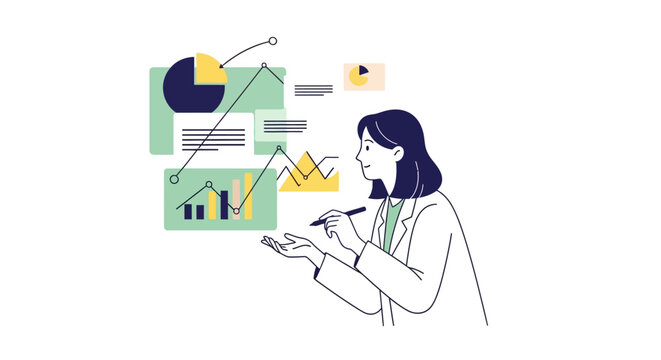 Illustration of a woman in a lab coat examining scientific data and graphs on various charts and screens.