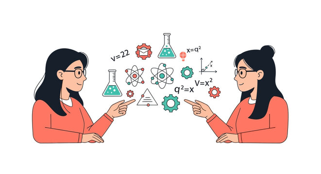 Illustration of two women in orange shirts discussing science with floating symbols and icons around them on a white background.