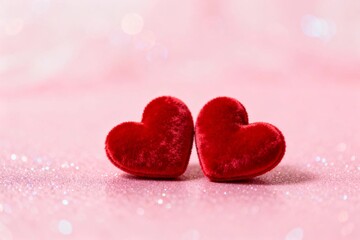 Obraz premium Romantic red heart symbols on soft blurred background, Valentine love concept with warm glow and bokeh effect for greeting card, wedding, festive design