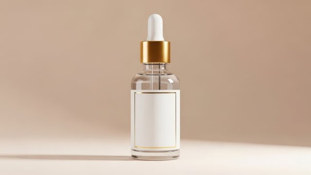 Glass dropper bottle with gold cap and blank label on beige background, skincare product mockup.