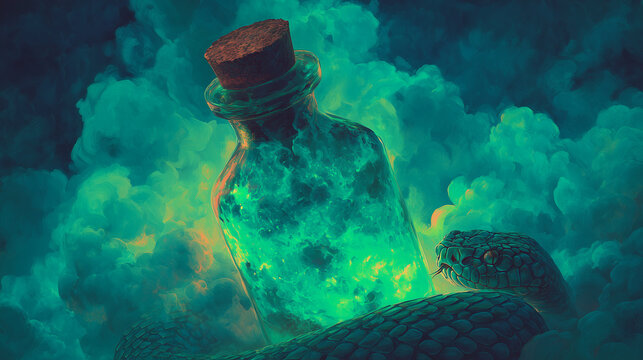 Glowing snake venom bottle in mystical smoke with coiled serpent, dark fantasy poison concept for danger themes, alchemy visuals and magical toxin symbolism