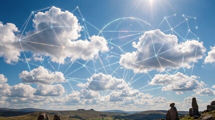 Abstract network of connections overlaying a cloudy sky above a serene landscape of rolling hills and ancient standing stones, suggesting a blend of nature and digital integration