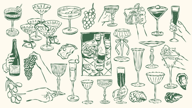 Minimalist hand-drawn popular cocktail vector illustrations in sketch style for greeting cards, wedding invites, posters, branding, logo design, backgrounds, and modern creative projects.
