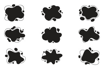 Fototapeta premium A collection of nine black abstract shapes resembling paw prints are arranged on a stark white background high-quality