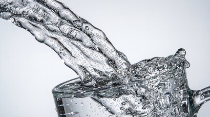 Clear water pouring into a transparent glass, creating a splash with tiny droplets and bubbles suspended in the liquid