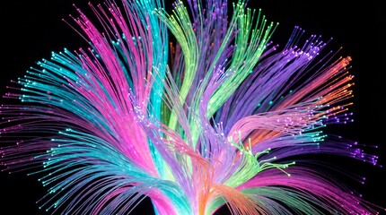 Abstract, colorful, glowing, fiber optic strands bursting outward against a dark background, creating a vibrant, energetic display