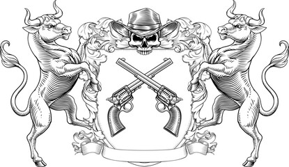 A cowboy skull wearing a cowboy hat with crossed western guns crest coat of arms shield design. In a vintage woodcut style.