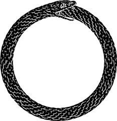 An Ouroboros or Uroboros circle snake eating tail circular symbol in a vintage woodcut etching style.