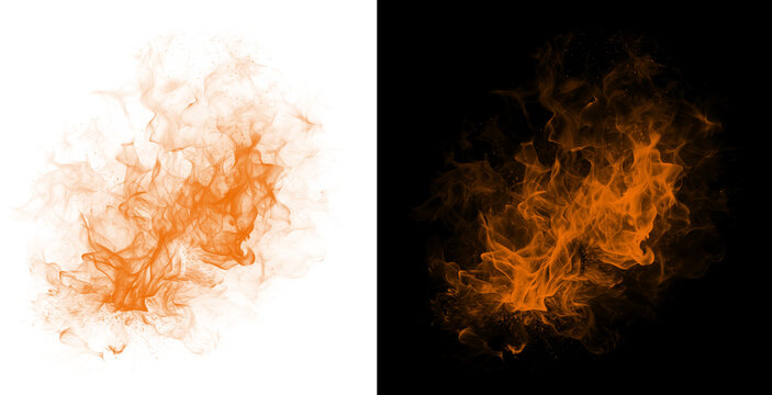 Vibrant orange smoke or fire on white and black backgrounds isolated on transparent background