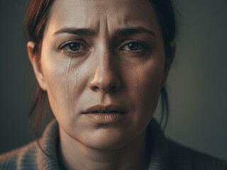 Fototapeta premium Close Up Portrait of a Crying Woman with Tears Streaming Down Her Face and Sad Expression