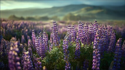 Vibrant Purple Lupine Flowers Flourishing in a Scenic Field at Sunrise