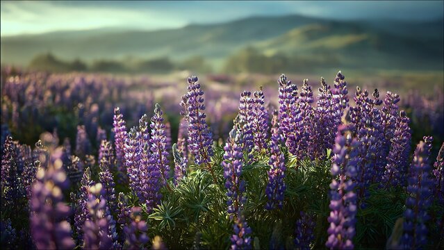 Vibrant Purple Lupine Flowers Flourishing in a Scenic Field at Sunrise