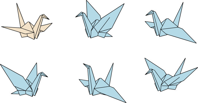 Large collection of origami crane icons and line art illustrations in pastel colors for zen-inspired graphic design projects.