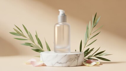 Clear cosmetic bottle on marble stand with green leaves and flower petals on beige background, product display mockup.