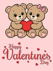 Cute teddy bears sharing love on Valentine's Day with heart
