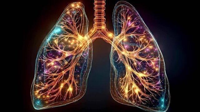 Futuristic human lungs animation displaying the respiratory system with glowing neurons and plexus network. Representing breathing. Air flow. And the vital process of oxygen exchange inside the body