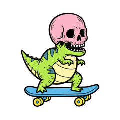 Obraz premium Cartoon dinosaur with skull head skateboarding in colorful style