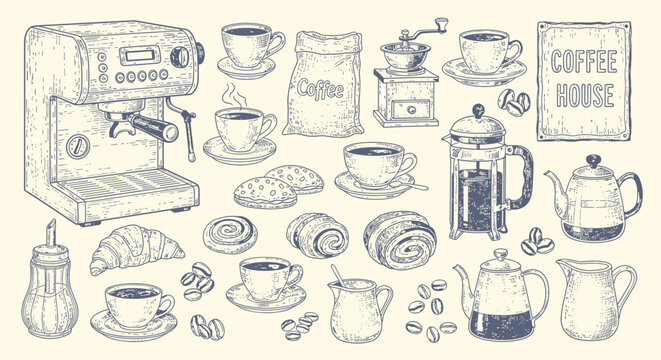 Vintage hand-drawn coffee shop elements collection featuring espresso machine, french press, cups, beans, pastries, and cafe accessories in a rustic style