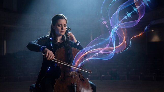 A talented female cellist plays her instrument in a concert hall with a vibrant, colorful sound wave visualization emanating from it
