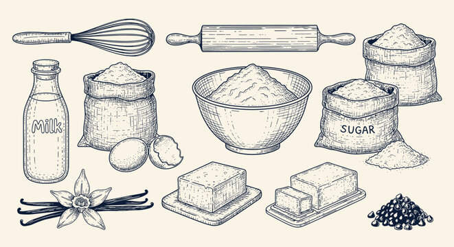 A comprehensive collection of vintage handdrawn baking ingredients and essential kitchen tools