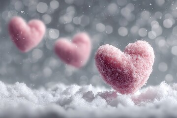 Obraz premium Pink fluffy hearts resting on white snow with a blurred background of additional hearts and soft bokeh effect creating a dreamy winter scene