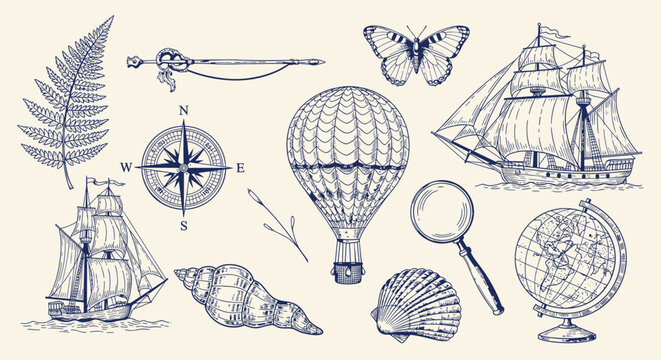 A captivating handdrawn collection of vintage exploration and travel elements