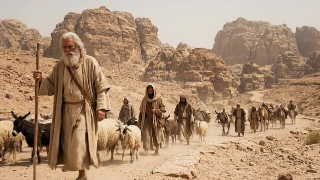 Biblical Scene of Prophet Moses Holding Wooden Staff Leading Israelites People and Animals through Arid Desert Wilderness during Exodus Journey Depicting Ancient Faith and Migration History Concept