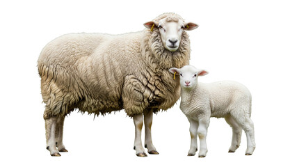 Fototapeta premium Merino ewe and lamb stand together on a white background in a rural setting with no other animals or plants around them