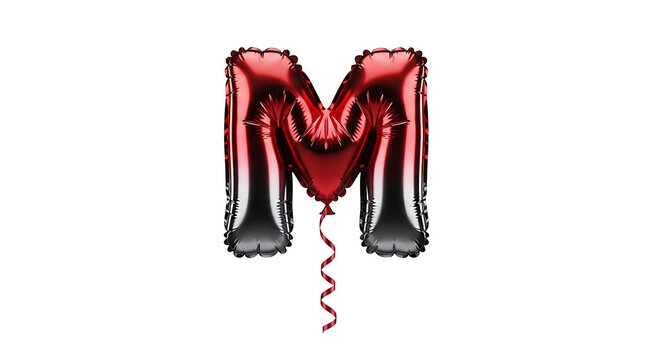 a shiny red letter m foil balloon inflated with a curled ribbon isolated on a white background perfect for celebrations and design.