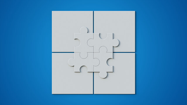 Puzzle infographic with four connected sections for data or business presentation. Puzzle or jigsaw pieces on a blue background.