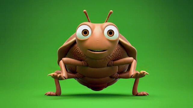 A 3D cartoon insect character with large eyes stands on a Greenscreen background ready for animation