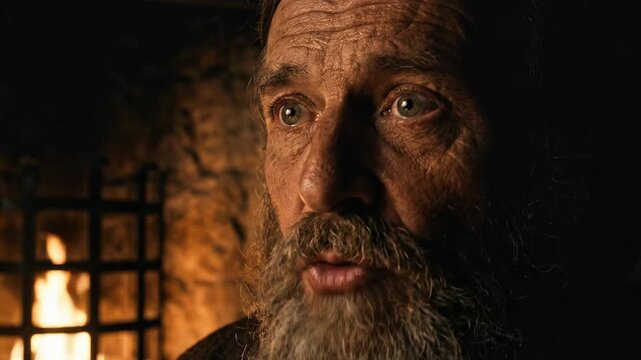 Cinematic Close Up Portrait of Older Bearded Explorer Marco Polo Inside Dark Stone Prison Cell in Genoa Looking Intense while Recalling Silk Road Travels in Historical Atmosphere Concept