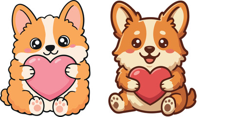 Naklejka premium Adorable corgi dog illustrations holding hearts, perfect for valentine's day designs Vector