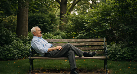 Fototapeta premium Senior man sitting on wooden bench in green park. Elderly male relaxing outdoors. Retirement lifestyle and leisure concept