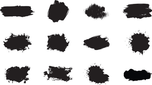 Black grunge brush strokes and ink splatters vector collection. Set of isolated dirty artistic paint stains and rough textured shapes.