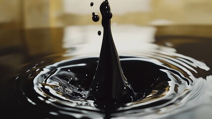 Close-up of black liquid droplet creating ripples in water