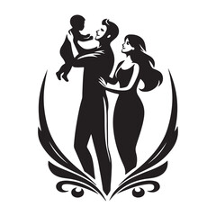 Happy family silhouette with father holding baby and mother admiring them in a decorative frame