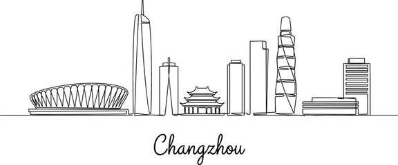 Modern continuous one line drawing of Changzhou China city skyline featuring minimalist architectural towers and stadium landmarks. © Najmul
