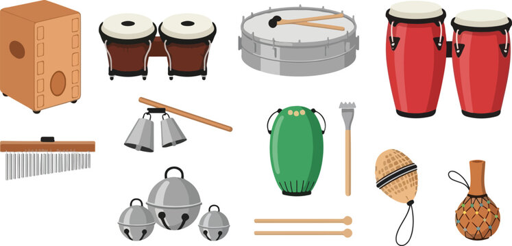 Collection of various percussion instruments displayed on a white background from a top-down viewpoint